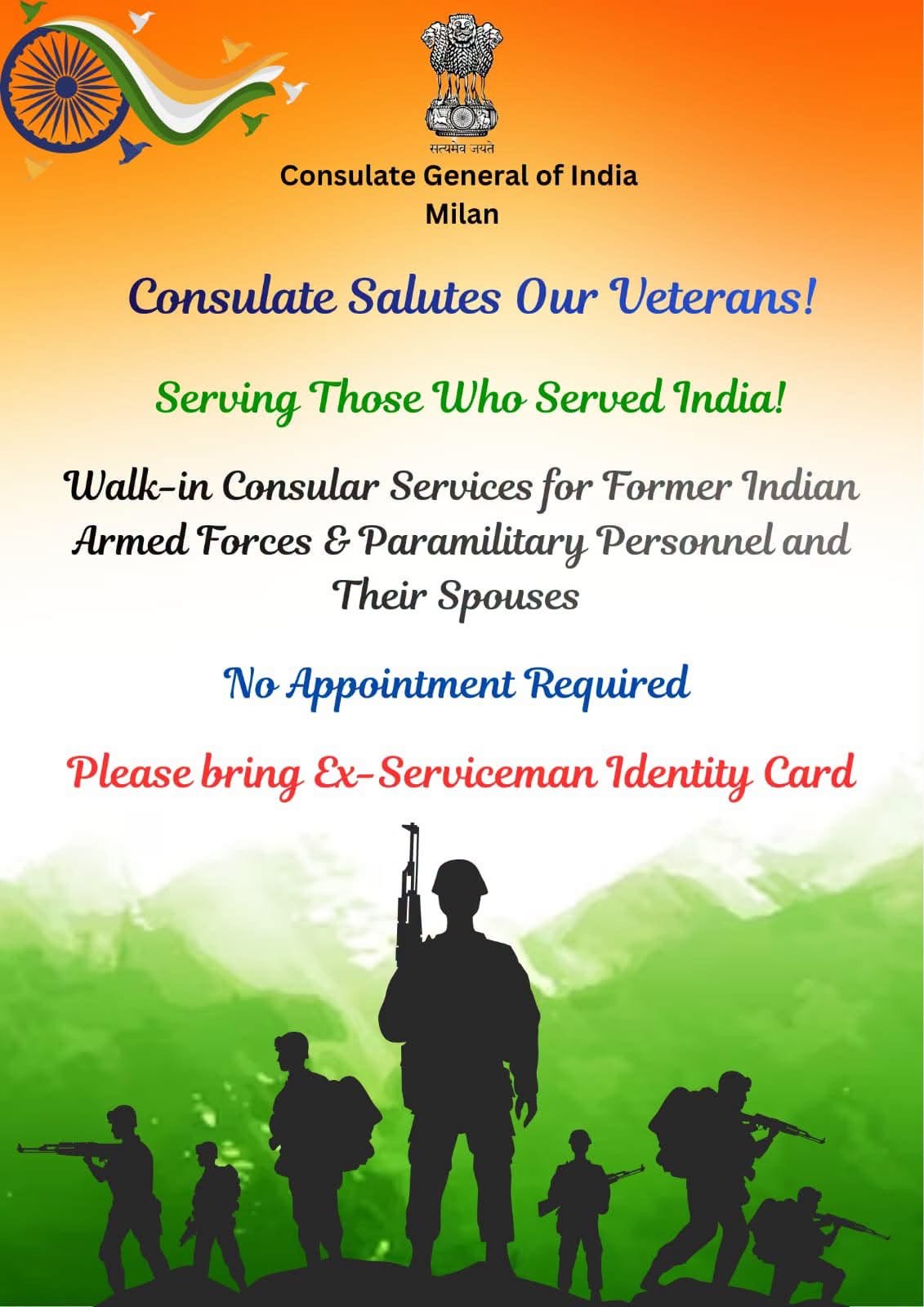 Walk-in Consular Services or Former Indian Armed Forces & Paramilitary Personnel and Their Spouses