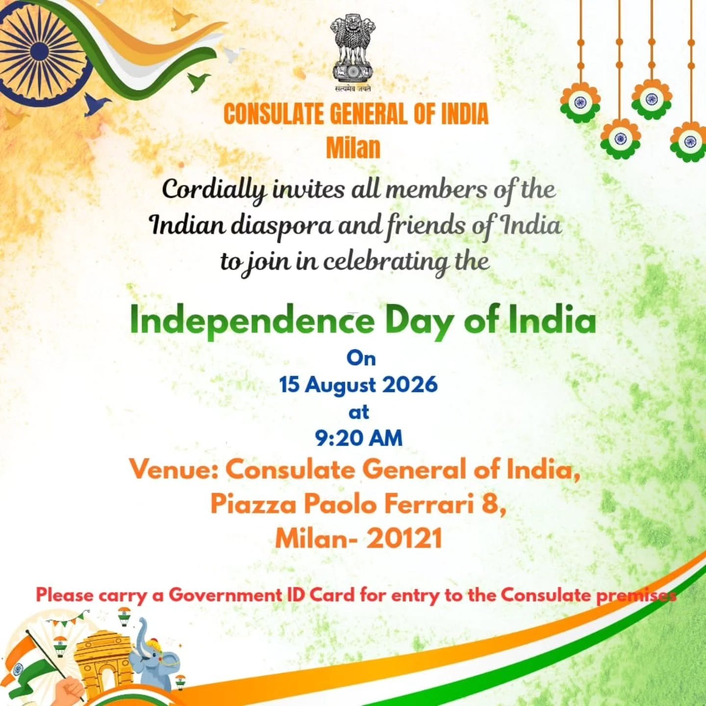 Invitation for celebration of 80th Independence Day of India 2026
