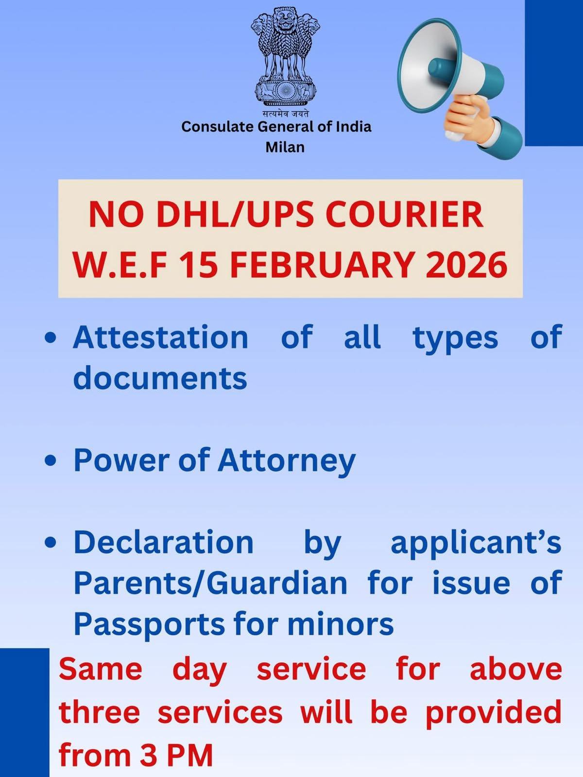 Public Notice  No DHL/UPS Courier w.e.f 15 February 2026 for the below mentioned Miscellaneous services