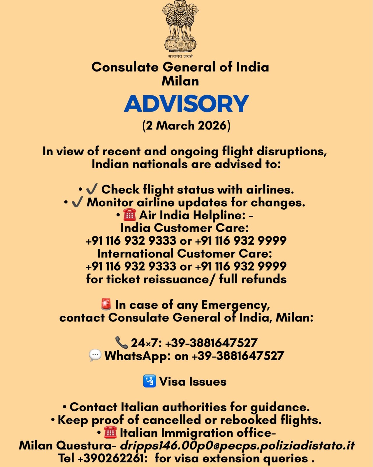 ADVISORY on recent and ongoing flight disruptions  (2 March 2026)