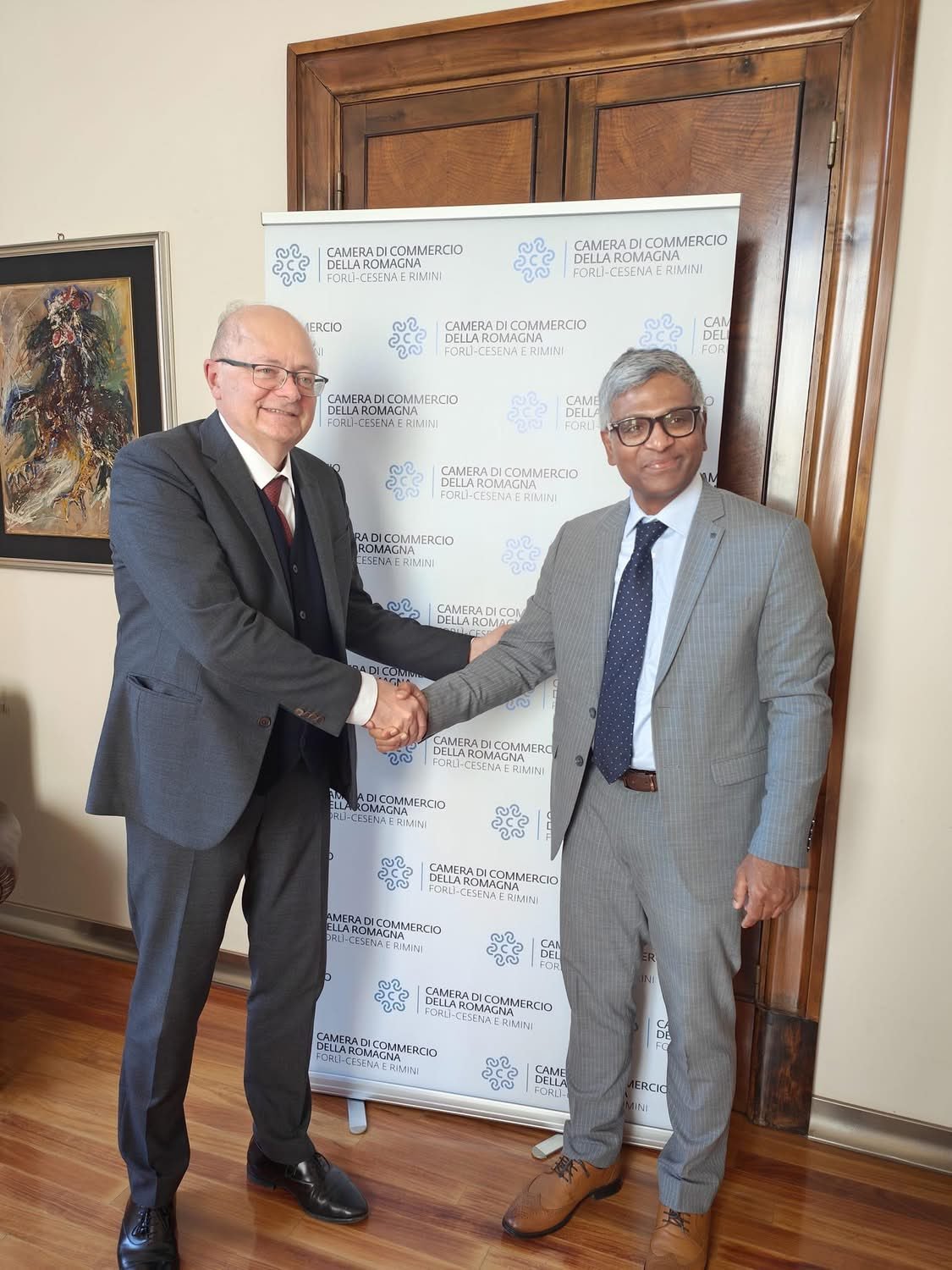On 25 March 2026, Consul General Mr. Lavanya Kumar held productive discussions with the President of the Chamber of Commerce of Romagna, Mr. Carlo Battistini & the Vice President of Confindustria Romagna, Mr. Pierluigi Alessandri, in Forlì.
