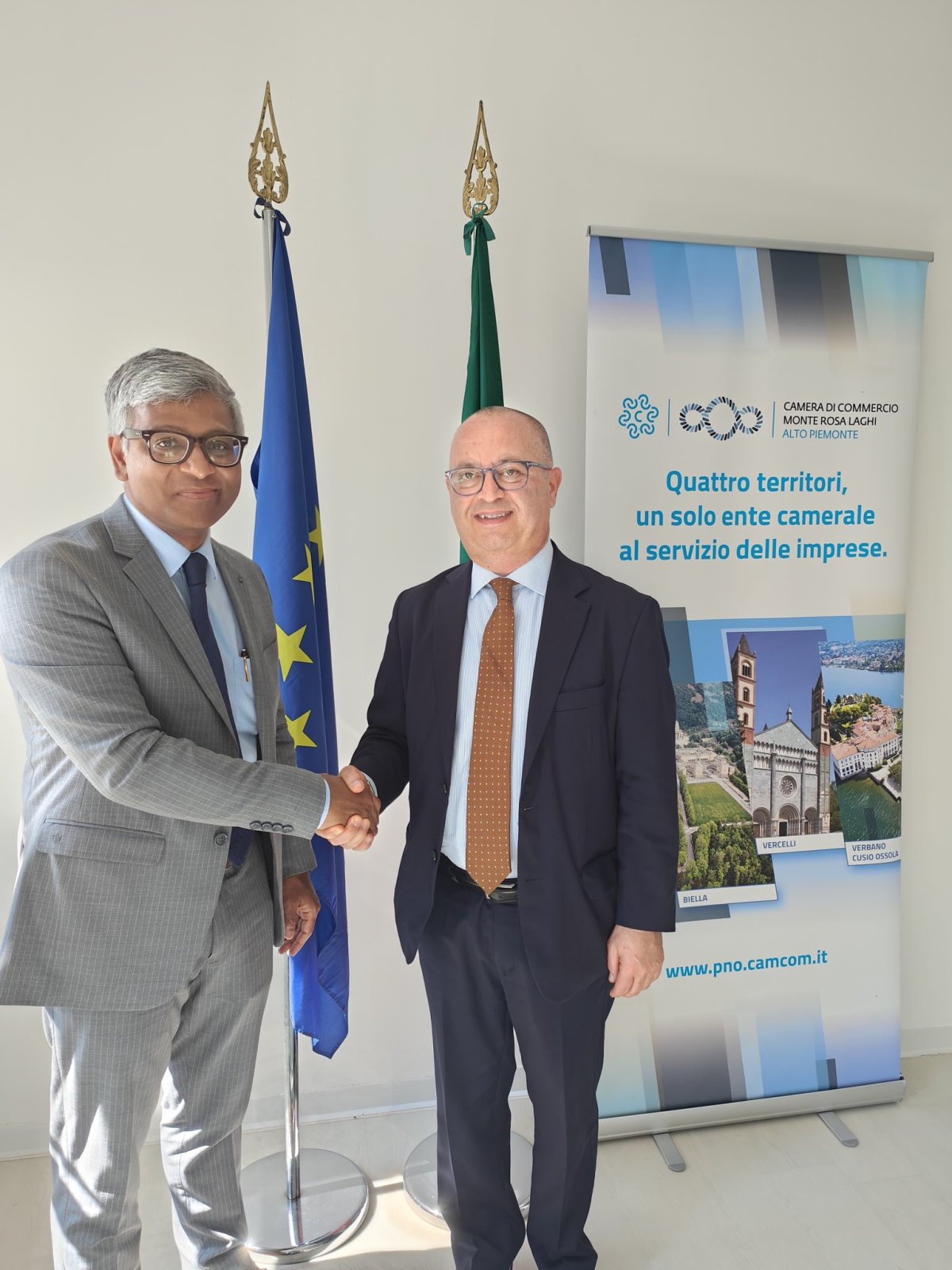 On 16 April 2026, Consul General Mr. Lavanya Kumar had a fruitful meeting with the President of the Camera di Commercio Monte Rosa Laghi Alto Piemonte in Vercelli, Mr. Angelo Santarella. They discussed ways to promote B2B collaborations between Indian and Italian companies in the textile sector.