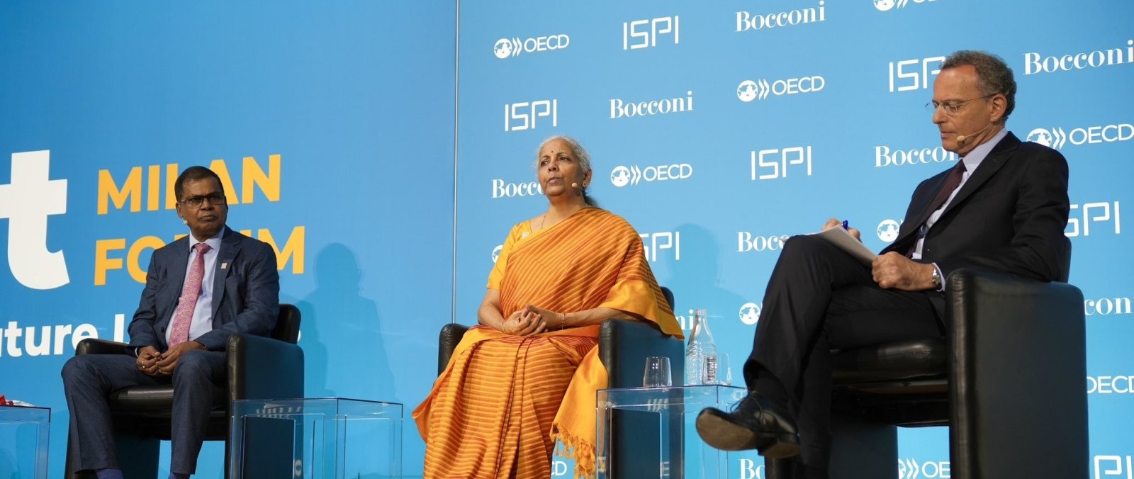 Hon'ble Union Minister for Finance and Corporate Affairs Smt. Nirmala Sitharaman, participated in a panel discussion at the NEXT Milan Forum on 'Balancing Economic and Climate Resilience' in Aula Magna, Bocconi University, in Milan, Italy, on 06th May 2025.