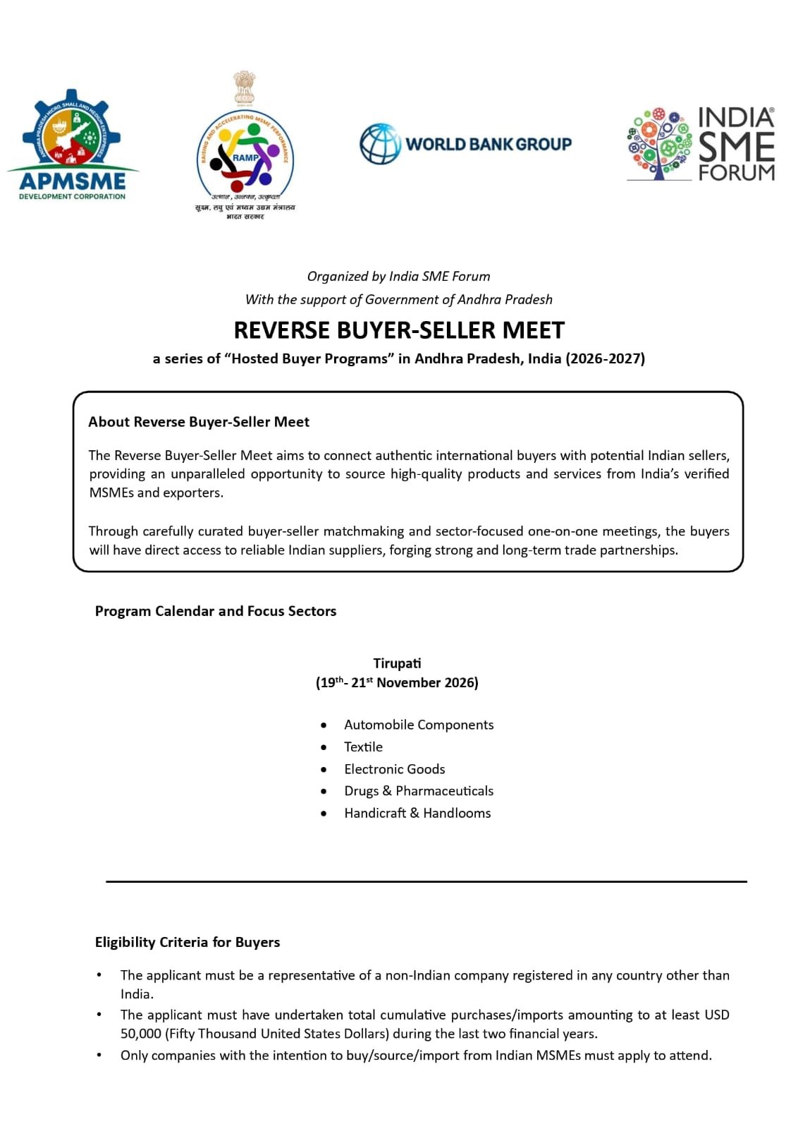 Reverse Buyer–Seller Meet – Tirupati: 19th–21st November 2026