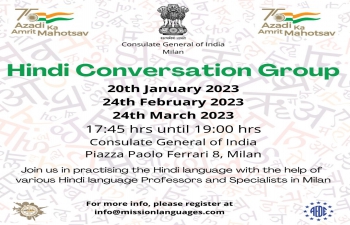 Hindi Conversation Group will continue monthly from January to March 2023 at CGI Milan starting from 20 January at 17:45 hours in collaboration with local Hindi Language Professors and Specialists.